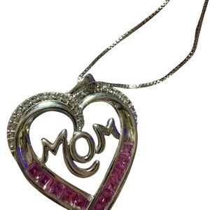 Silver Heart 'Mom' Pendant Necklace with Pink Accents